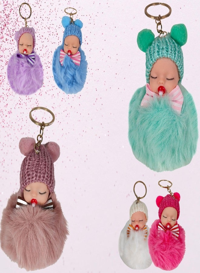 ZAFCO Mini Plush Pom Pom Doll Keychain - Cute Sleeping Baby Key Ring for Girls || Fluffy Bag Charm for Women, Girls, Backpack & Purse Accessories Multicolor Random- 2 Pieces (Mini Doll Keychain 3) - Image 4